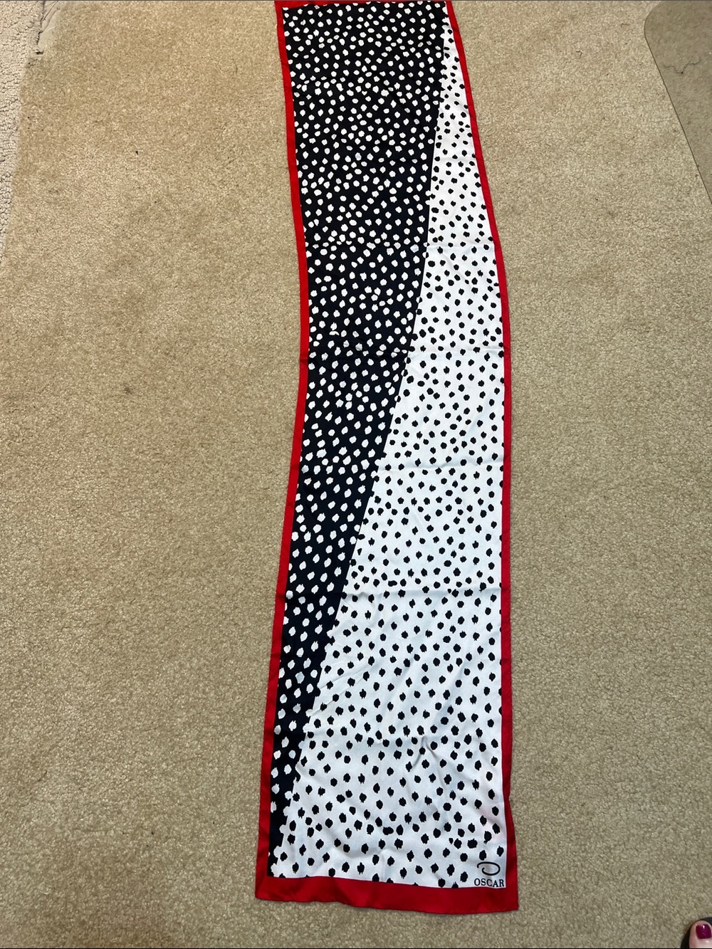 Oscar de la Renta Silk Oblong Scarf Black White Polka Dot Red Border 50” x 11”